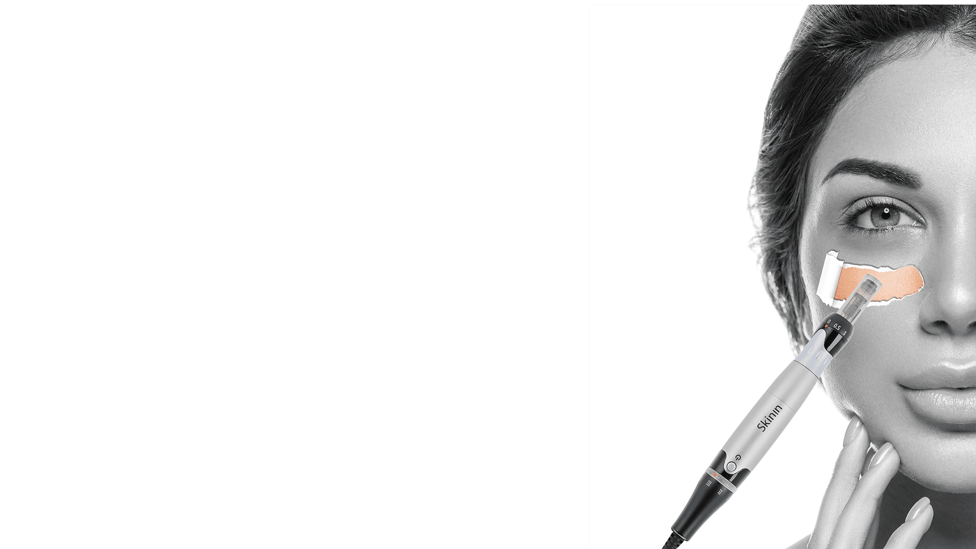 The Skinin micro-needling pen held against a model's cheek